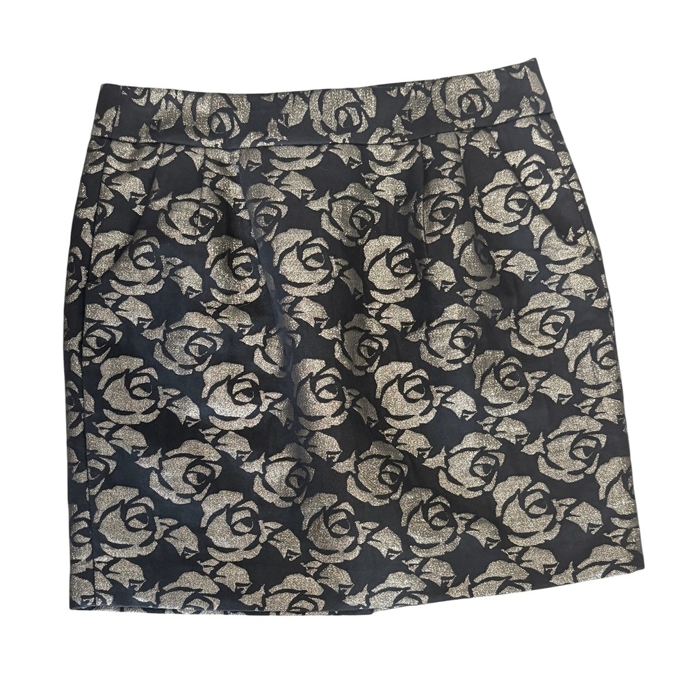 LOFT Mini Skirt Womens 6 Black Gold EUC Floral Brocade Metallic A-Line Holiday
